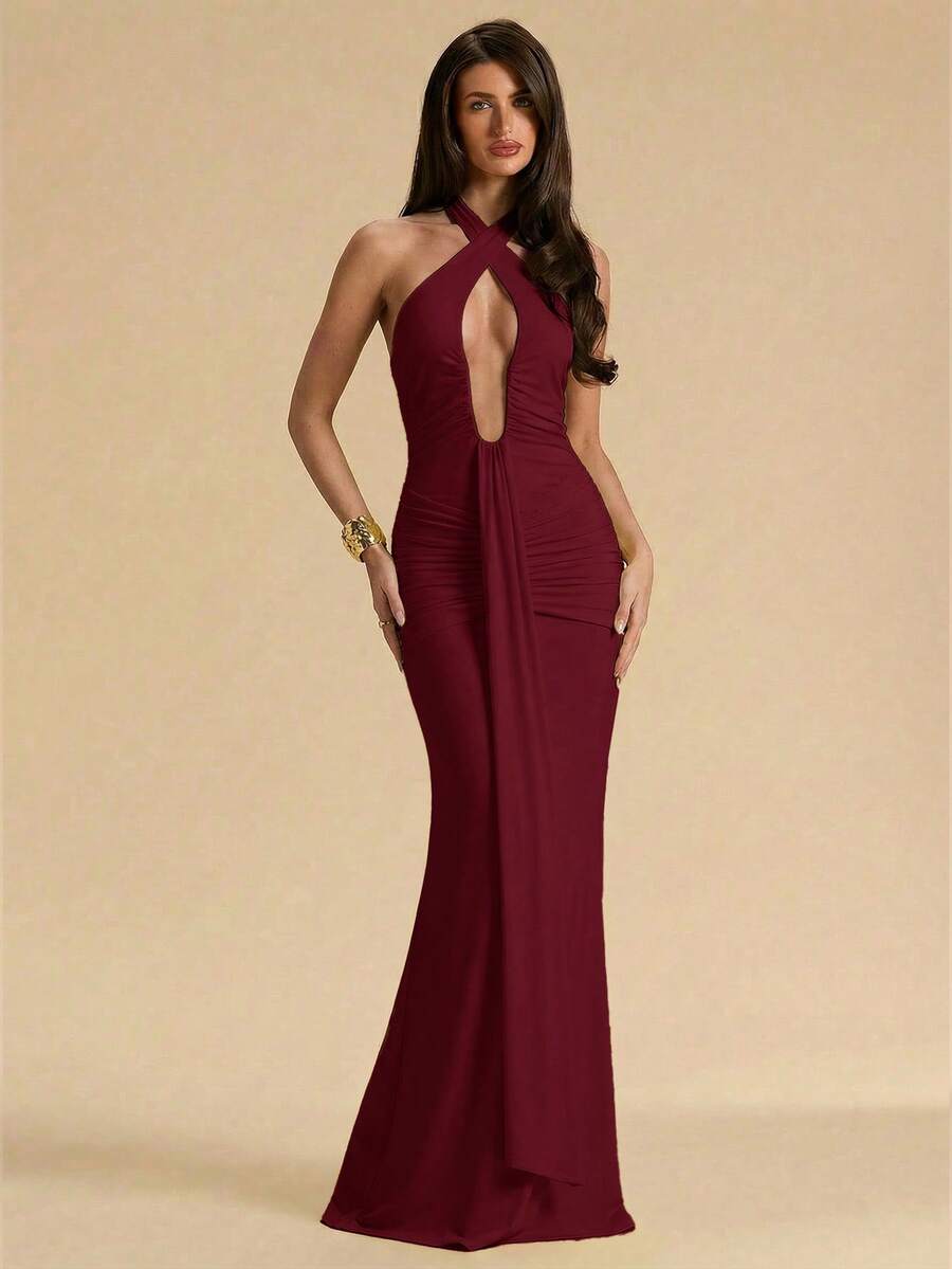 SHEIN BAE 春夏純色黃奶油色性感深V領超長優雅掛脖交叉綁帶女款洋裝,黃色洋裝,優雅長洋裝 - 酒紅色 - 查看 1