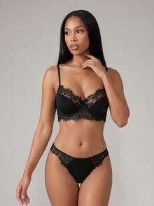Silforma Contrast Lace Underwire Lingerie Set - Black - View 3