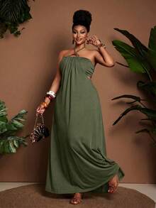 Maweii Summer Plus Size Women Strapless Tie Metal Buckle Decor Tube Top 2 In 1 Waist-Exposing Flared Dress - Army Green - View 5