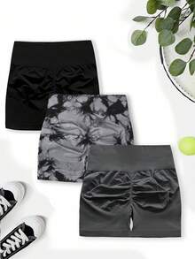 SHEIN Velisys Women's Plus Size Casual Versatile Daily Travel Sports Shorts 3pcs Set Gym Pilates Black Black And Gold Summer - Multicolor - View 3