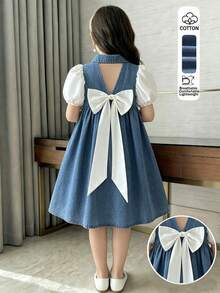 SHEIN Elladie kids 女童连衣裙，后背饰有蝴蝶结，泡泡袖 - 藍色 - 查看 6