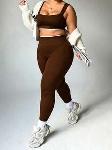 Easithlete Women's Plus Size Ultra Short Tank Top & Leggings Sports Set - Coffee Brown - View 5
