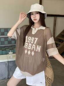 DAZY 女款韓式復古運動風鏤空短袖針織上衣 夏季校園風 - 咖啡棕 - 查看 9