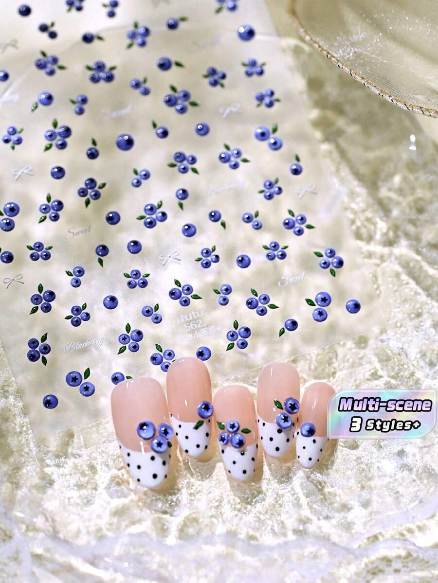 1PC Cute Mini Blueberry Embossed Jelly Nail Stickers, Fresh Fruit Nail Art Decals - Multicolor - View 1