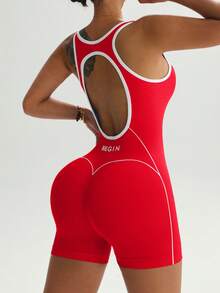 Slayform Slayform Women's Plus Size Letter Print Contrast Color Casual Daily Gym Travel Sports Romper Red Summer - Red - View 4