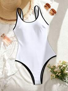 Swim SPRTY 女款寬肩帶鏤空露背連身泳衣，適合夏季海灘度假 - 黑與白 - 查看 6