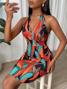 SHEIN Summer Tropical Print Halter Bodycon Mini Dress, Deep V Ruched Waistband,Sleeveless Backless Short Gown For Club And Party Music Festival Sexy Outfits - Multicolor - View 4