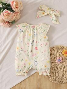 SHEIN 新生兒花卉印花圓領連身衣與髮帶 2 件套裝 - 彩色 - 查看 3