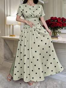 Feyla Women's Colorblock Polka Dot Print Short Sleeve Long Dress - Green - View 2