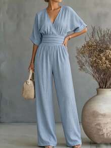 SHEIN Tall Solid Color Batwing Sleeve Cinched Waist Jumpsuit - Blue - View 4