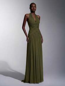 Elitara Elegant, , Fashionable Elastic Mesh Halter Neck Ruched Decor A-Line Dress, Party Wedding Guest Orange Color, And Graceful Bridesmaid - Army Green - View 4