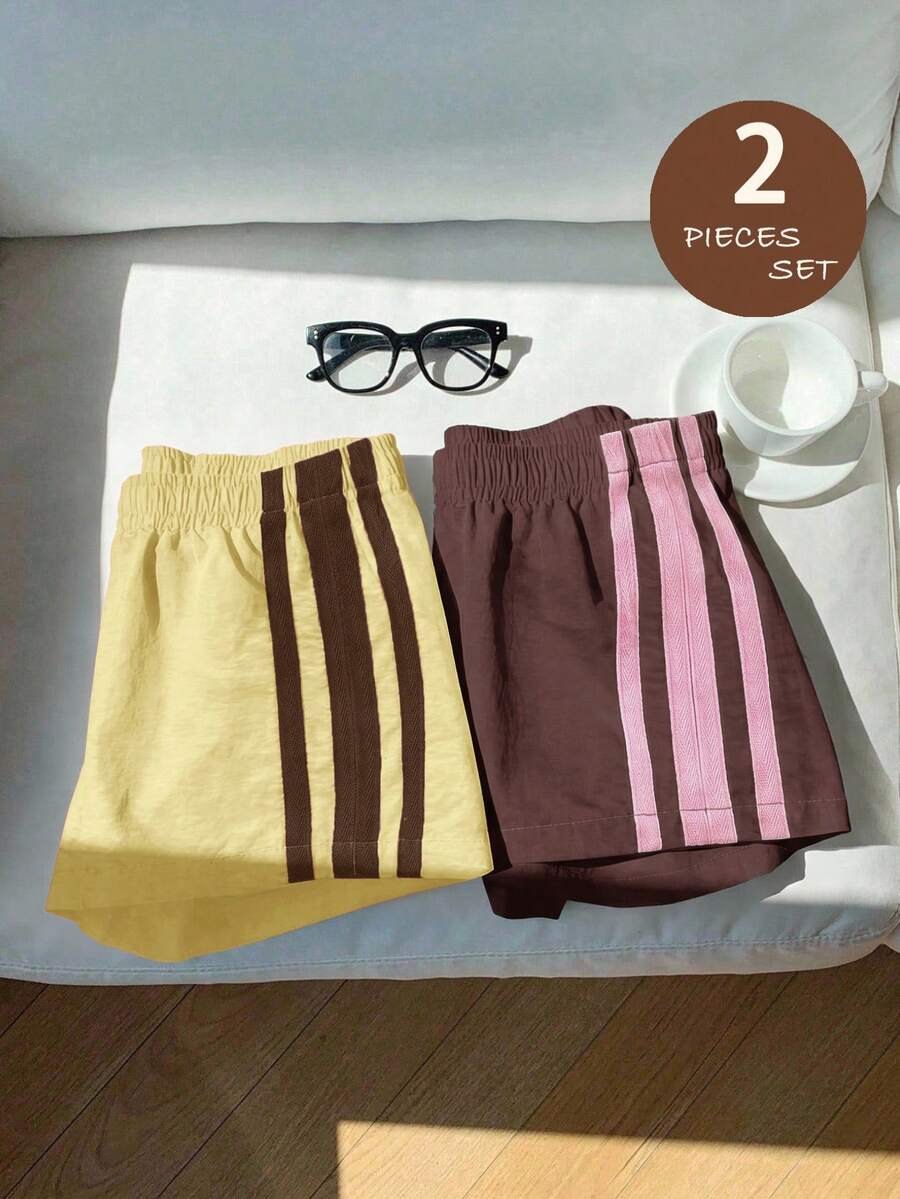 SHEIN 女嬰 2件組編織素色修身休閒下身套裝 - 棕色 - 查看 1