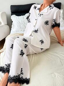 Napfluff CURVE Napfluff CURVE Plus Size Women's Eyelash Lace Trim Print Open Front Pajama 2-Piece Set - White - View 5