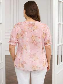 Reflora Plus Size French Vacation Floral Print Ruffle Tie-Front Blouse - Multicolor - View 2