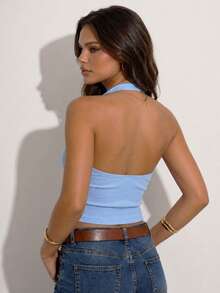 Women's 2-PACKS Ribbed Knit Halter Neck Crop Slim Top Set, Stretchy Slim Fit Summer Fashion Basic - Baby Blue - View 2