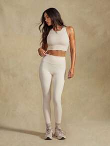 SHEIN 女士纯色圆领吊带背心和紧身裤运动套装 - 米色 - 查看 4