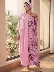 Auveirra 大码 V 领长袖纯色粉色花朵拼接宽松休闲连衣裙，夏季 - 粉色 - 查看 3