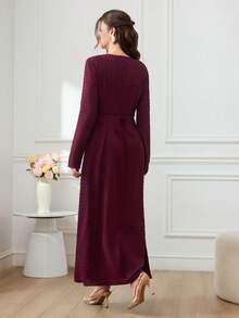 Al Najma Women's Long Sleeve Pleated Ruffle Square Neck Contrast Trim Arabian Dress - Red - View 2