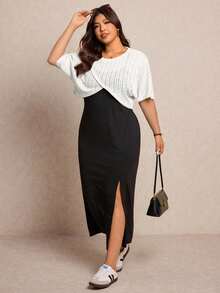 Elaquor Plus Size Women Solid Color Split Design Cami Dress And Top Casual Daily 2-Piece Set - White - View 1