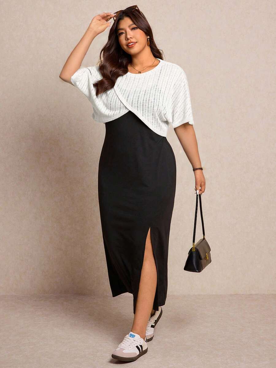 Elaquor Plus Size Women Solid Color Split Design Cami Dress And Top Casual Daily 2-Piece Set - White - View 1