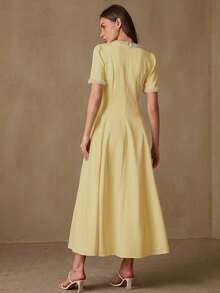 BELROSIE Women's Dress Waist-Cinching A-Line Pearl Beaded Round Neck Cuffs Princess Line Large Swing Elegant Vintage Old Money White And Gold Dinner Summer - Yellow - View 2