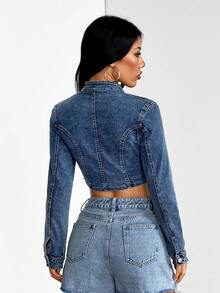 StreetHx Áo khoác denim quân đội phong cách cung đình Y2K đường phố thời trang thường ngày phối patchwork nhiều nút - Rửa trung bình - Xem 4