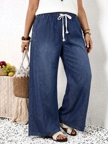 EMERY ROSE EMERY ROSE Plus Size Women's Drawstring Waist Pocket Casual Traditional Loose Fit Versatile Daily Travel Denim Jeans Boho Wide Leg Summer Vacation Beach - Blue - View 9