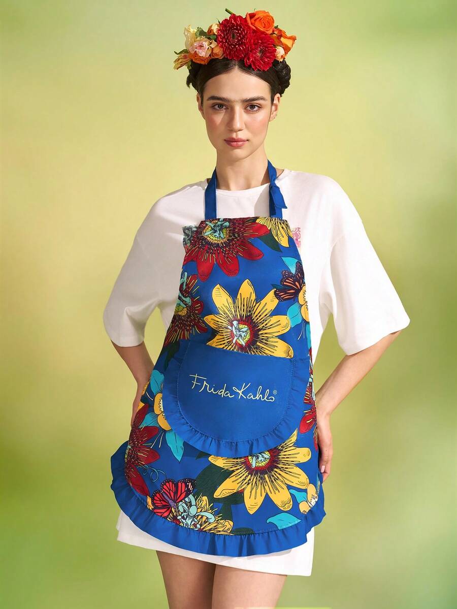Frida Kahlo X SHEIN 1 件花卉人物图案围裙，适用于烘焙、厨房清洁、礼品 - 藍色 - 查看 1
