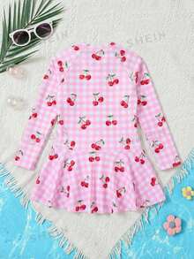 Emery Rose Kids Emery Rose Kids 女童樱桃格子印花拉链长袖连体泳衣 夏季假日 - 粉色 - 查看 2