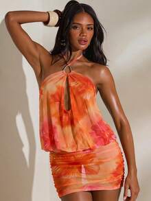Opulessa Women's Summer Floral Print Halter Neck Tie Mini Dress - Multicolor - View 4
