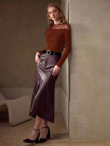 MOTF PREMIUM LACE MESH PATCHWORK RIBBED KNIT T-SHIRT - Brown - View 5