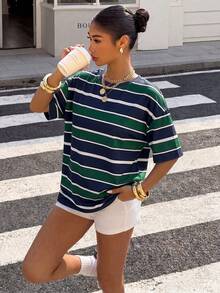 Muchica Plus Size Casual Minimalist Colorblock Striped Pattern Print Crew Neck Short Sleeve T-Shirt Suitable For Summer - Multicolor - View 4