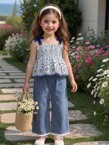 SHEIN Xiyin Girls 2-Piece Set, French Pastoral Floral Print Smocked Camisole Top With Bow Tie Shoulder Straps + Denim Wide Leg Long Pants With Lace Trim Hem, Sweet Outfit For Girls, 4-7 Years Old Summer Bohemian Cute Casual Vacation Style - White - View 10