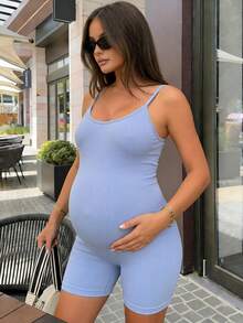 SHEIN Umstandsmode einfarbiger figurbetonter Camisole Sport-Romper - Blau - Übersicht 1