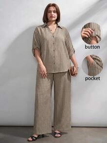 Chikora Plus Size Summer Brown Open Front Two Pieces Set, Brown Two Pieces Set, Office Wear, Suitable For Multiple Occasions - Multicolor - View 4