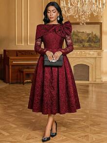 Fleurora Women's Floral Jacquard Bow Decor Contrast Lace Long Sleeve Elegant Mid-Length Dress - Burgundy - View 7