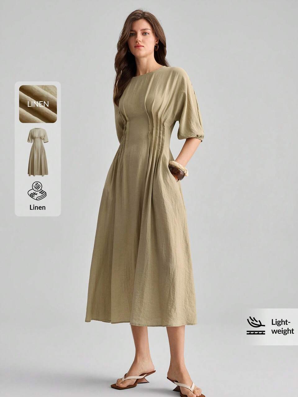 2026SS New Women's Mid-Length Dress, Solid Khaki Green Puff Short Sleeve, Cinched Waist, Loose Fit, Pleated Striped Design, Brunch, Independence Day
