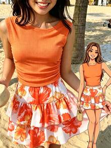 SHEIN 青少年女孩 2件/套 海灘度假套裝 演唱會修身時尚內搭褲 健身瑜伽休閒 熱帶可愛 Y2K 風格 焦橙色 橘色與白色 夏季 - 亮橙色 - 查看 6