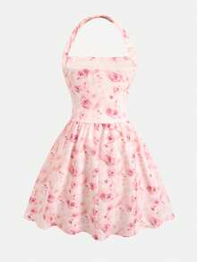 Firerie Kids Firerie Kids Tween女孩休閒度假優雅花卉印花粉色針織細肩帶收腰A字拼接短版迷你洋裝，派對街頭風返校穿搭，柔軟舒適 - 粉色 - 查看 2