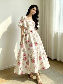 Turtle Leaf, Coconut Tree, Scattered Leaf And Small Flower Plant Silhouette, Square Neck Short Sleeve Dress With Ruffle Design At Hem, Summer Vacation Style - Multicolor 2 - View 4