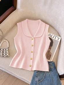 SHEIN Franclia New Commuter Elegant Fashion Design Lapel Sleeveless Knit Top, Summer Holiday, Fashion Commuter New French Elegant Slim Fit Sleeveless Top, Suitable For Summer Vacation Wear - Pink - View 5