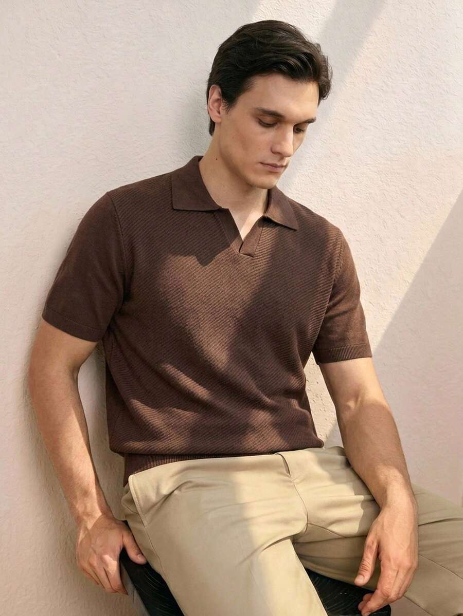 RONVEXI 男士夏季套頭短袖休閒 Polo 衫 - 咖啡棕 - 查看 1