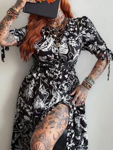 Whyspr Plus Size Spring/Summer Punk Vintage Butterfly Print Vacation Dress - Black - View 5