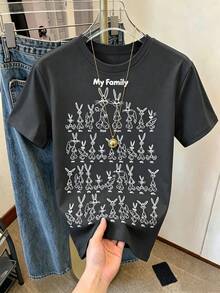 Resyla LOONEY TUNES X SHEIN 女款圓領字母卡通印花休閒百搭日常出遊短袖T恤 - 深灰色 - 查看 3
