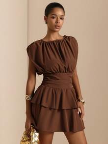 Elafinee Women's Summer Elegant Casual Solid Color Waist-Cinching Dress Brunch Date Coffee Brown - Brown - View 4