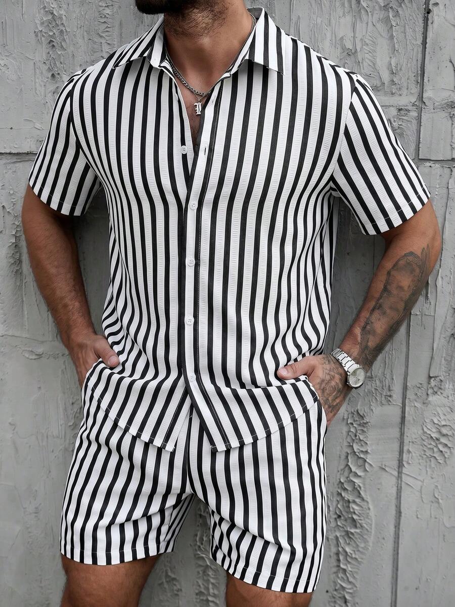 Manfinity CasualCool Men's Summer Casual Striped Shirt And Shorts Set - Multicolor - View 1