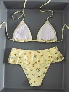 Swim Mod 女款夏季度假海灘甜美風可愛碎花三角杯露背掛脖比基尼套裝，配三角泳褲與小荷葉邊腰部設計 - 彩色 - 查看 4