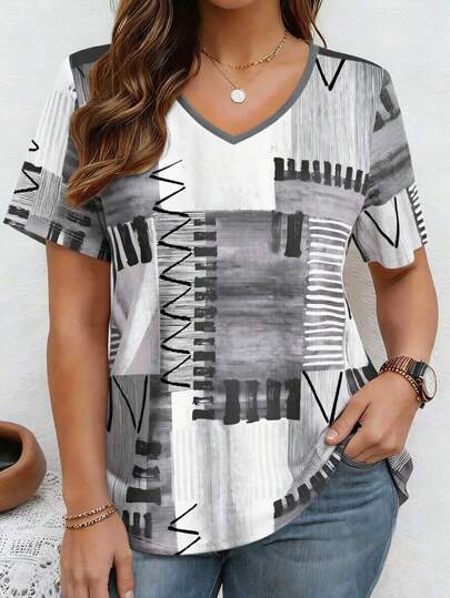 Breezaya Vintage Hand Painted Striped Striped Block Print V-Neck With Short Sleeve Plus Size T Shirt