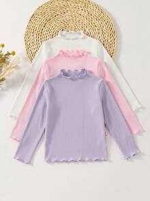 Emery Rose Kids Emery Rose Kids 3件組少女休閒基礎百搭素色羅紋荷葉邊假領針織修身T恤，荷葉領秋季/冬季3件套 - 彩色 - 查看 3