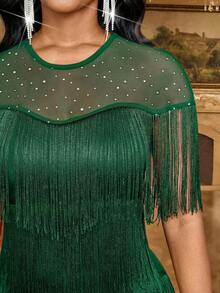 Fleurora Women's Rhinestone Mesh Patchwork Round Neck Multilayer Tassel Design Fitted Maxi Elegant Dress - Dark Green - View 5